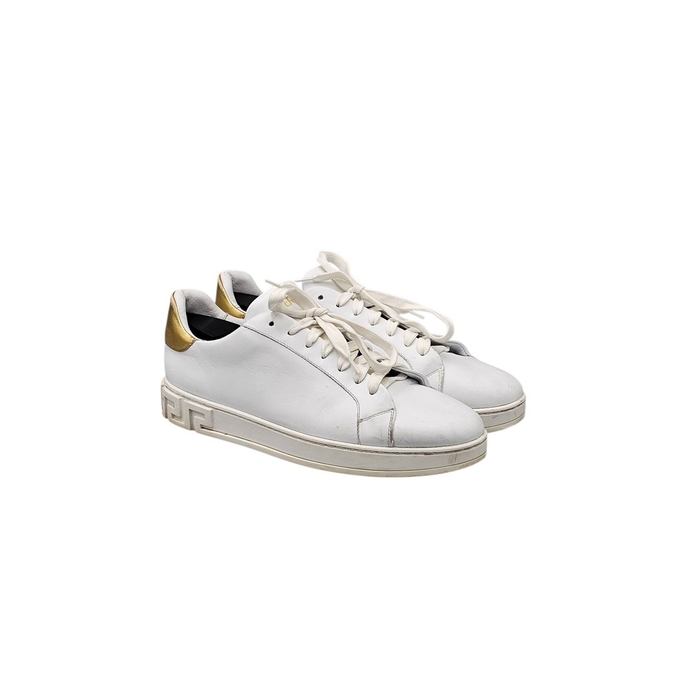 Versace Men's Size 10.5 US White & Gold Leather Lace Up Sneakers Shoes READ